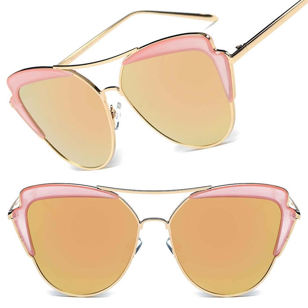 Luxury Classy Exotic Women's Brow Bar Pink Mirrored Lens Cat Eye Sunglasses